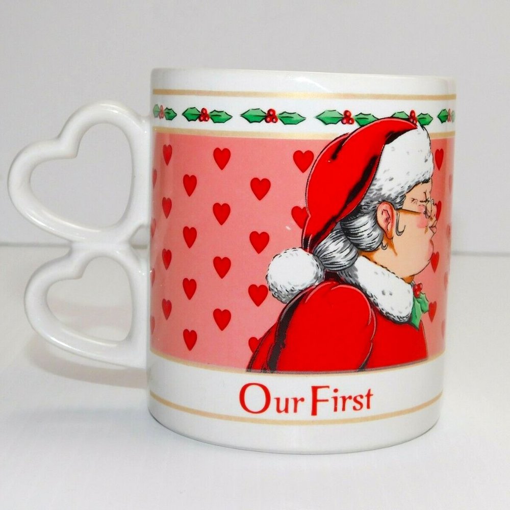 VTG Santa Claus Mrs Claus Our First Christmas Together Mug Hearts Kisses